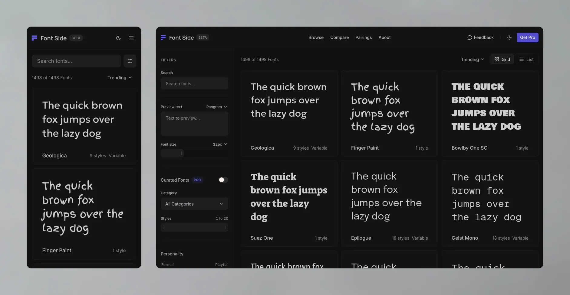 FontSide font discovery interface showing the dark mode browsing catalog grid with live pangram previews and sidebar filter controls