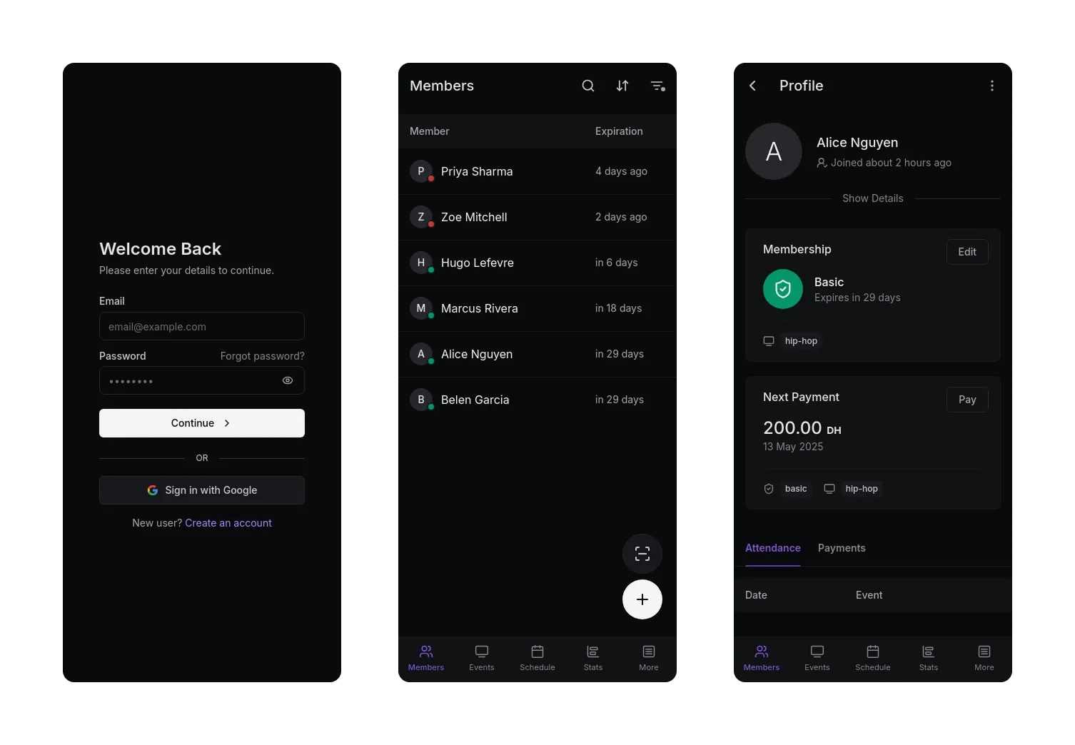 Mobile application screens showing login, member directory with bottom navigation, and member profile management